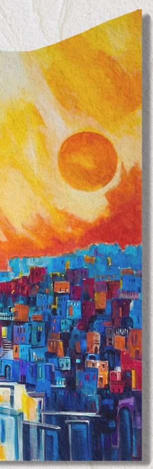 Gemälde: Stadt unter oranger Sonne